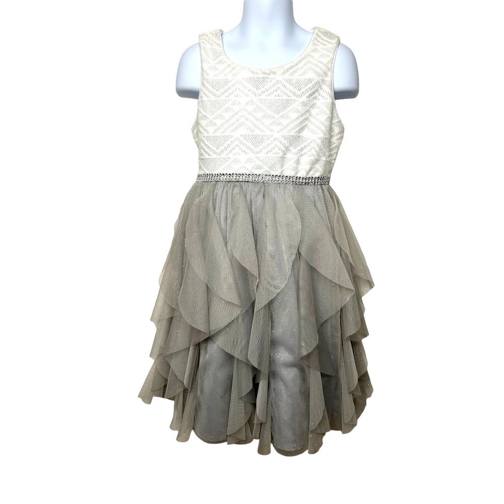 Youngland Girls Dress Grey White 6X Sparkly Rhinestones Geometric Ruffles Tie